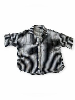 Women’s XS Zara Navy and White Vertical-Stripe Button-Down Relaxed Linen Shirt